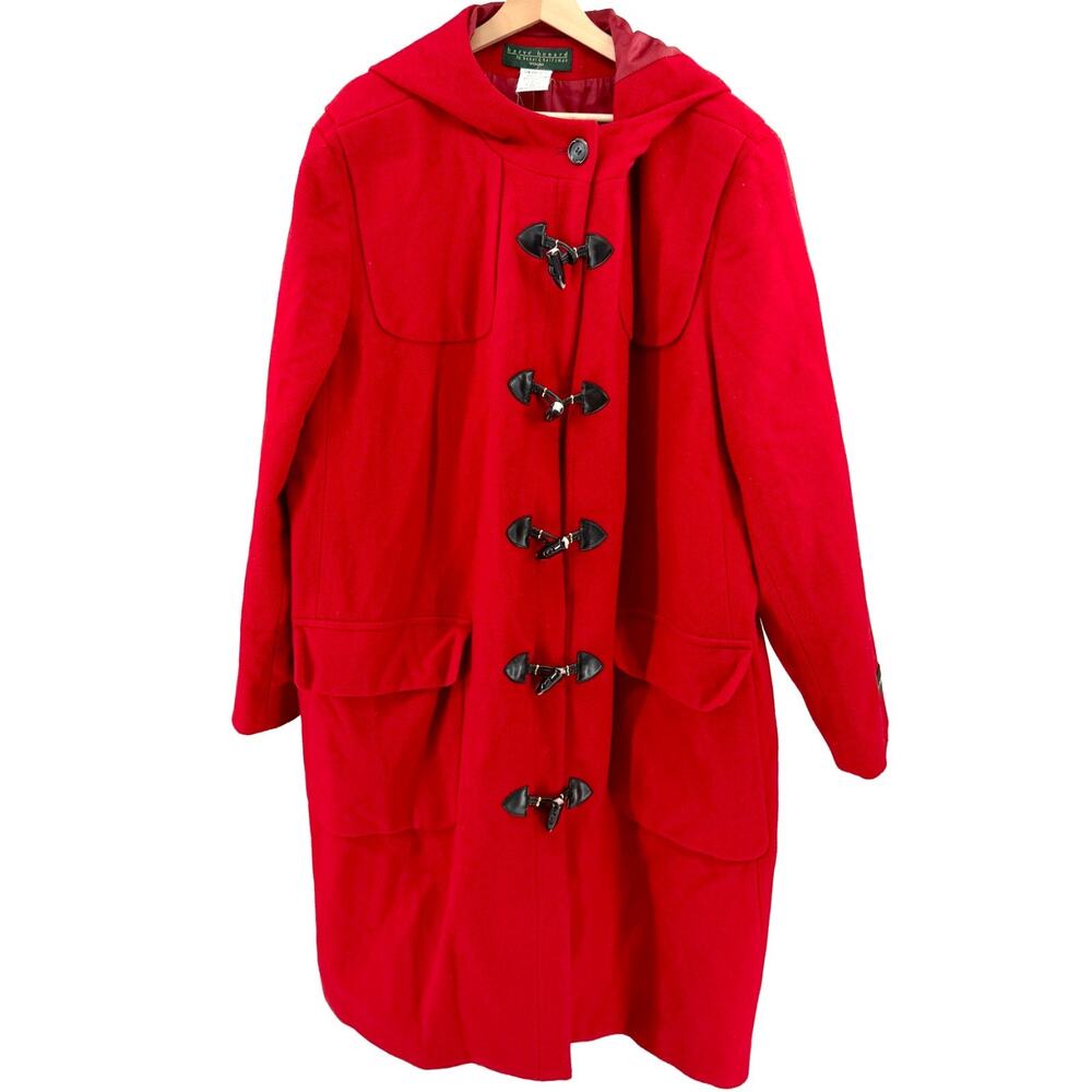 Vintage 90s Harve Benard Red 100% Wool Hooded Toggle Duffle Coat